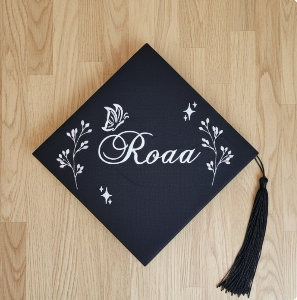 Black graduation hat Customized graudation cap by Yara's Embroidery Lebanon - تطريز قبعة تخرج في لبنان